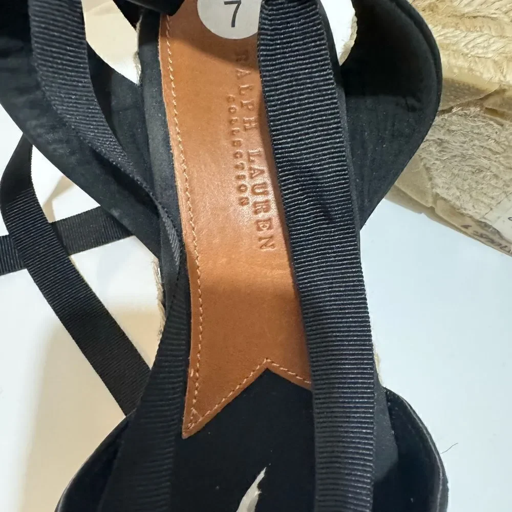 Ralph Lauren Black Uma Espadrille Wedge Ankle Wrap Platform Sandals Size 37